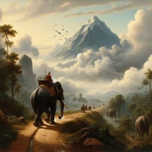 Elefante con jinete a un destino incierto sobre un camino